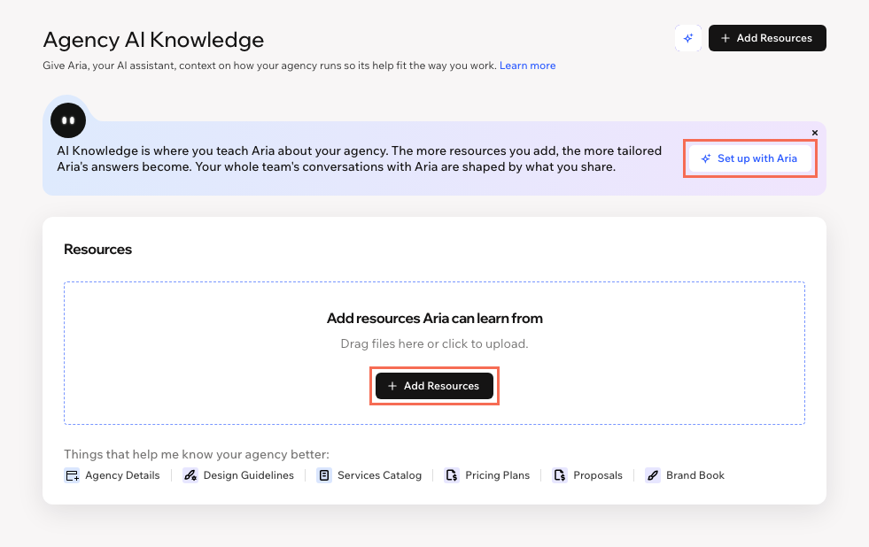 The initial look of the Agency AI Knowledge tab, highlighting the option to chat to Aria and the option to upload resources