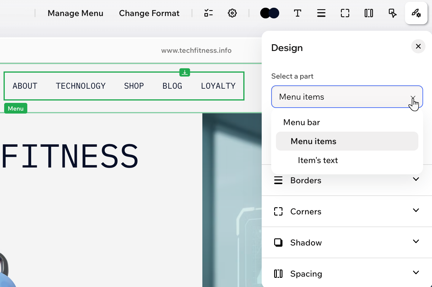 Een websitemenu in Wix Harmony en het Ontwerp-paneel, met de dropdown waar je een onderdeel selecteert om te ontwerpen