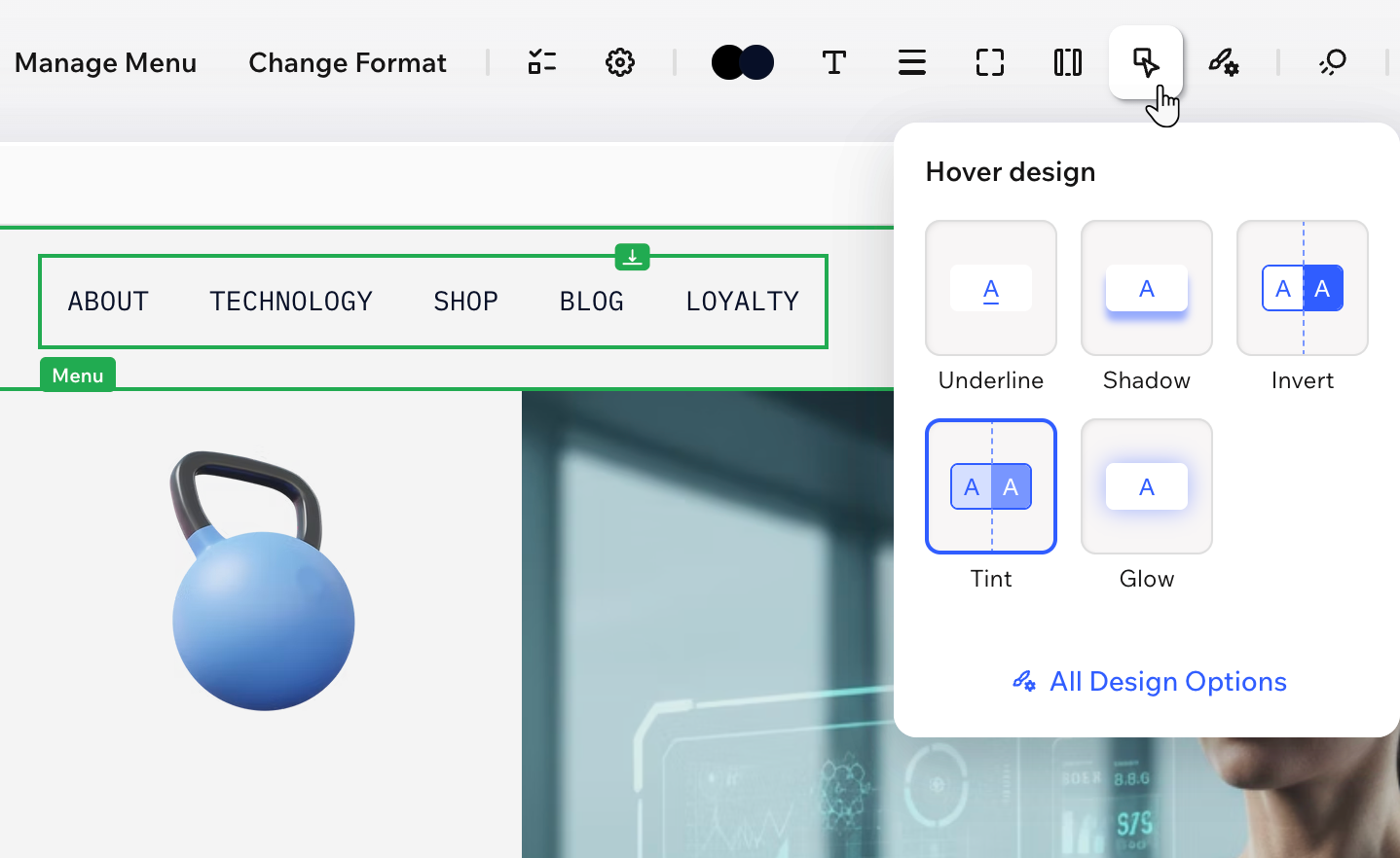 Wix Harmony Editor'da bir site menüsüne tıklandığında ve mevcut efektlerin gösterildiği üzerine gelme tasarım paneli açık