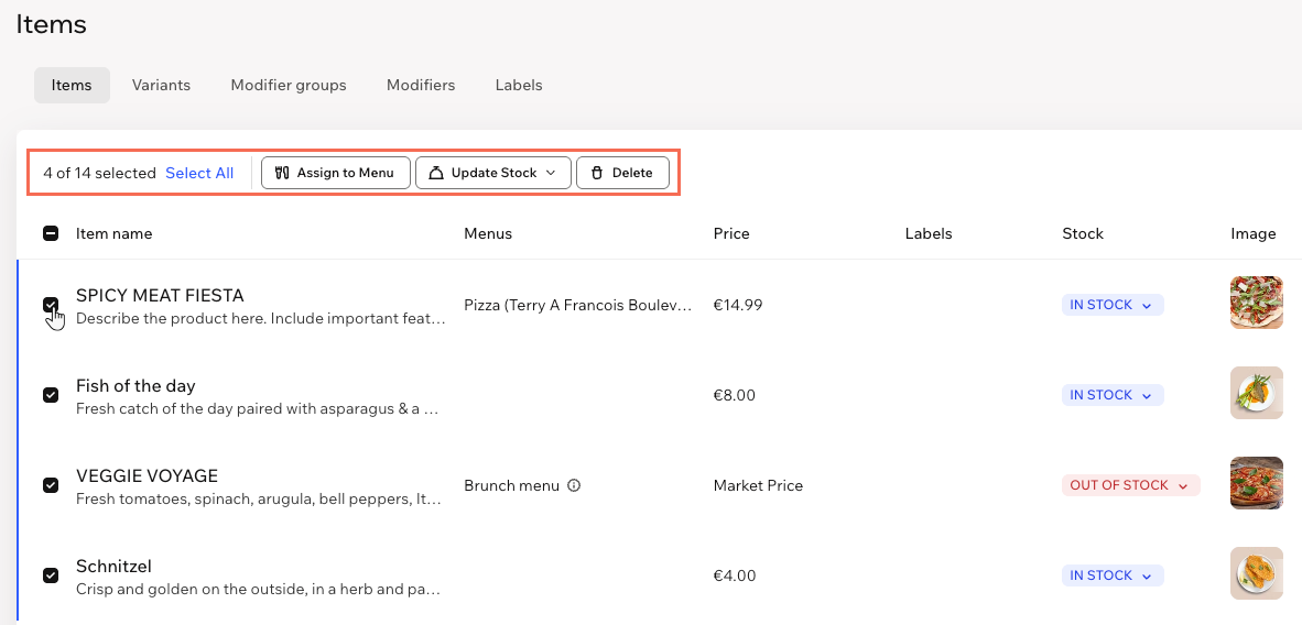 4 items are selected in the Manage Items page, highlighting the bulk actions buttons