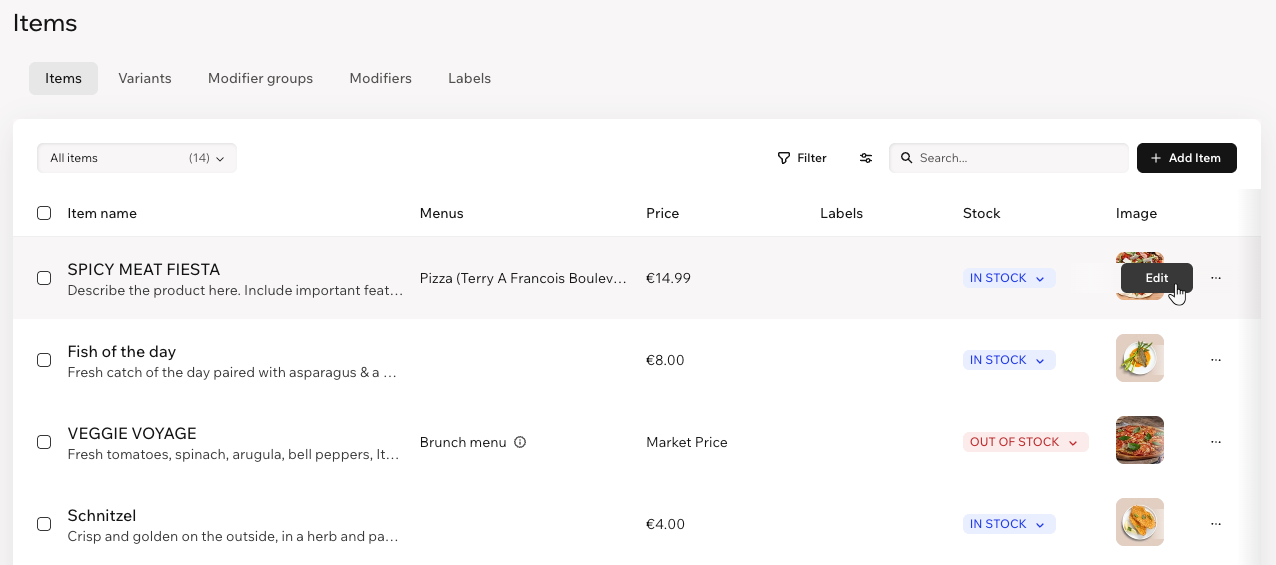 Clicking an item in the Items list to edit it