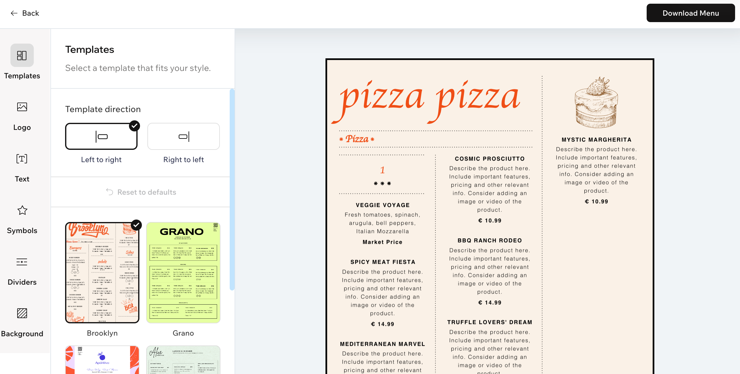 Choosing a template for the printable menu