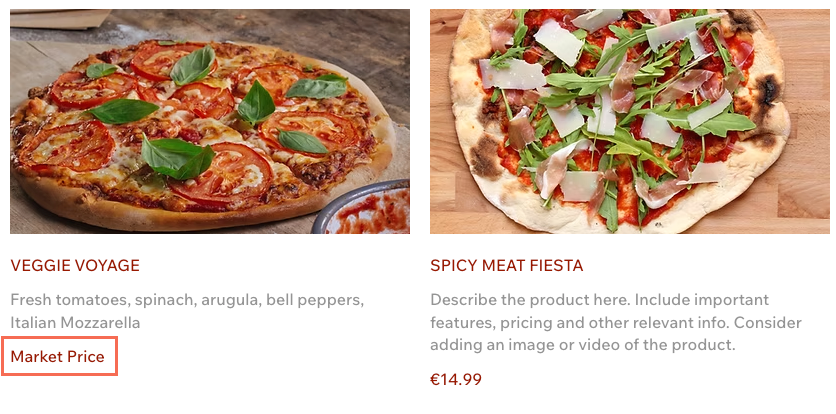 menu item marked as market price next to a menu item with a numeric price