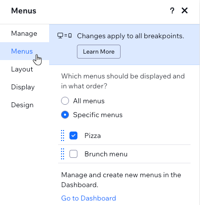 Menus tab in the Menus panel in the editor, selecting to show specific menus