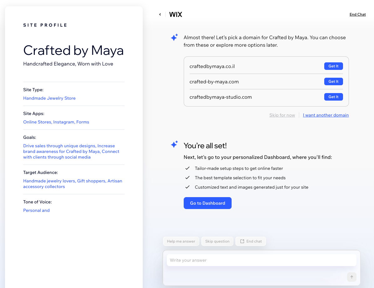 De laatste fase van het chatten met Aria om een website te maken, het profiel links gegenereerd en de knop om naar het dashboard te gaan