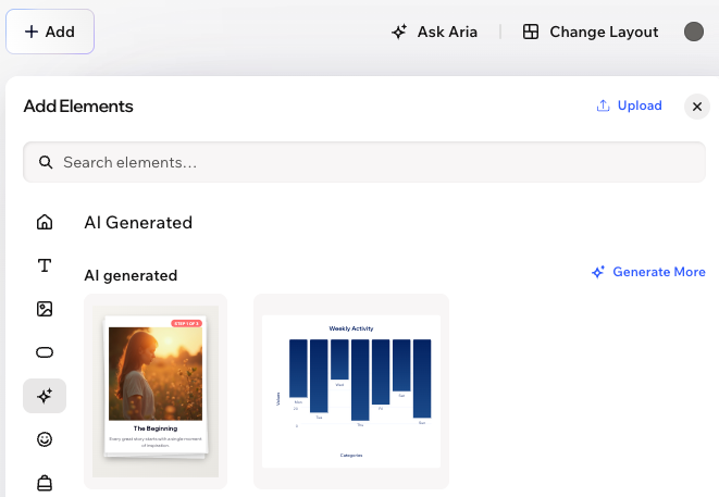 Een screenshot van de Door AI gegenereerd element-knop gemarkeerd in het Elementen toevoegen-paneel van de Wix Harmony-editor.