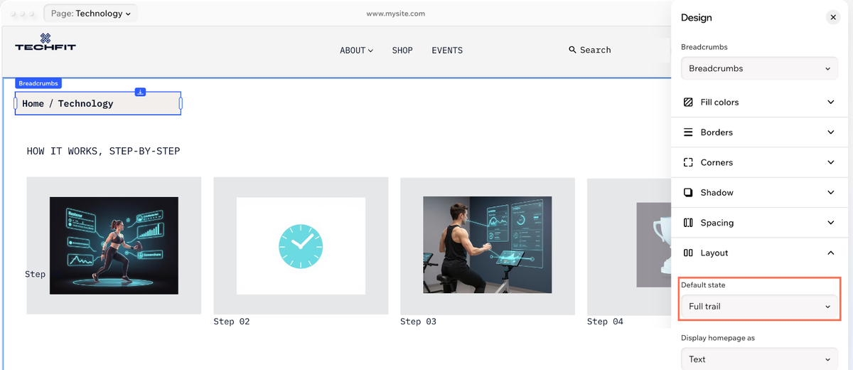The Layout options in the Design panel, with the Default state dropdown set to Full trail.