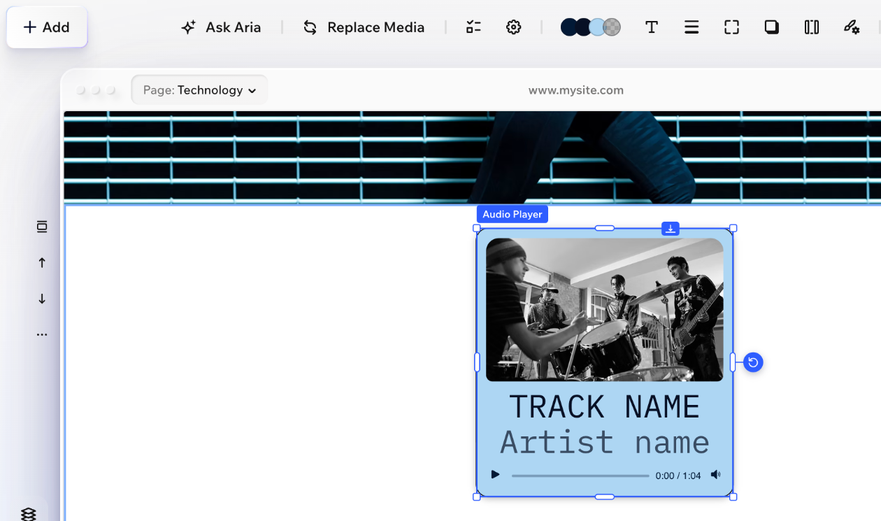 The audio player selected on the page, with its action bar above the page.