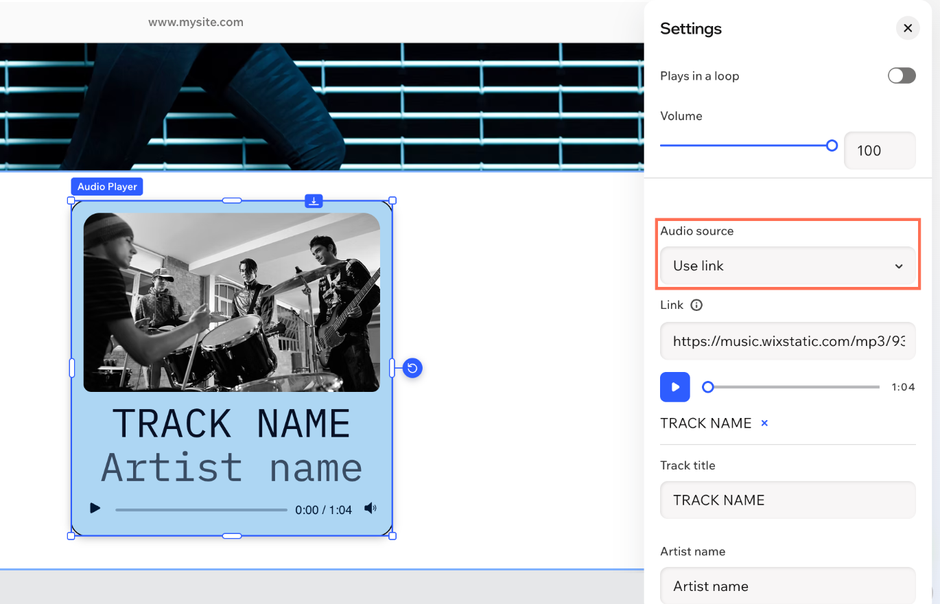 The Settings panel for the audio player, with the Audio source dropdown set to Use link.