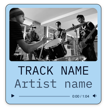 An audio player on a page, showing cover art, a track name, an artist name and playback controls.