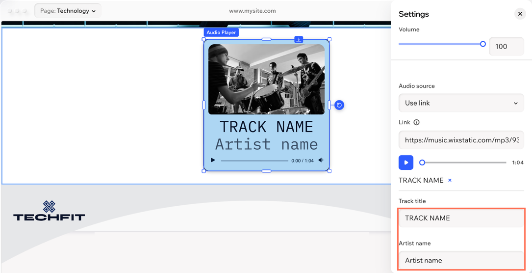 The Settings panel for the audio player, with the Track title and Artist name fields.