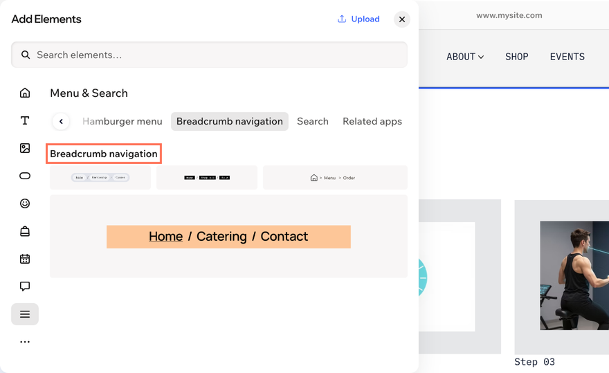 The Add Elements panel open on Menu & Search, with the Breadcrumb navigation designs listed.