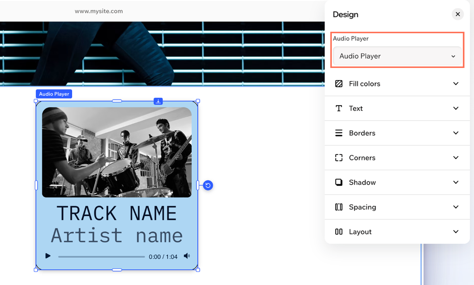 The Design panel for the audio player, with the dropdown at the top for choosing which part to design.