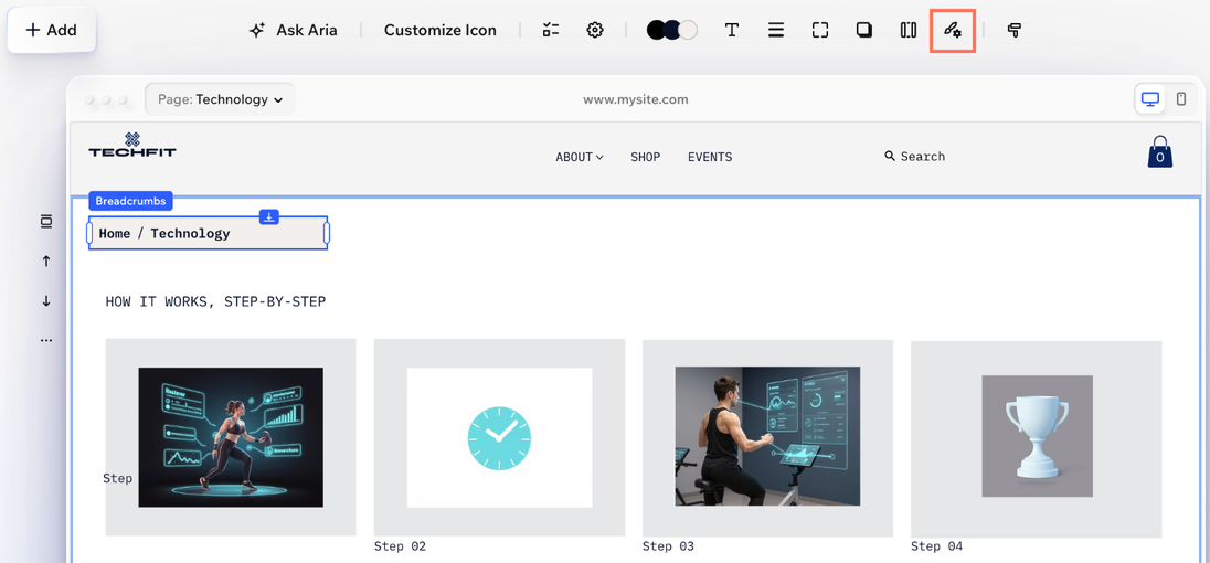 The breadcrumbs element selected on the page, with the All design options icon highlighted on the action bar.