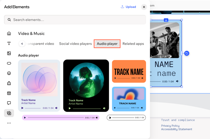 The Add Elements panel open on Video & Music, with the Audio player tab selected and the designs listed.