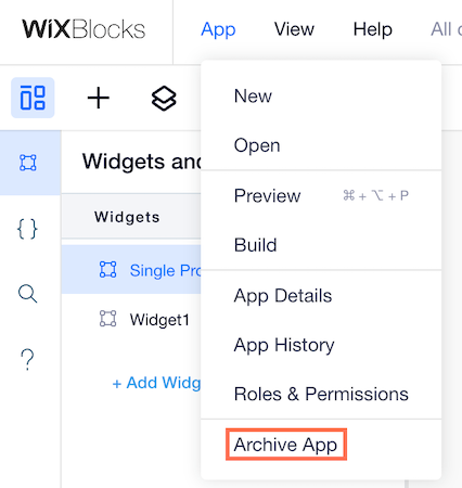 Archivia app in evidenza nel menu App di Wix Blocks