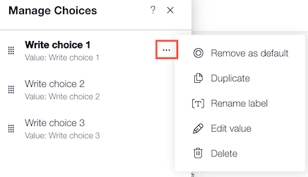 Menú Más acciones en Manage Choices (Administrar opciones)