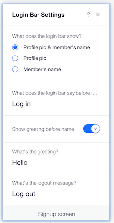 painel de personalização da barra de login