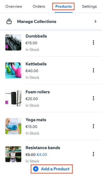 Captura de pantalla que muestra una lista de productos en la app Wix Owner.