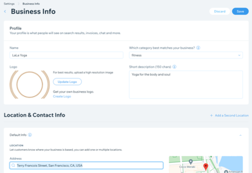 A seção de informações do negócio e do local de contato do painel de controle