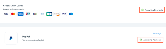 A screenshot showing which payment methods are currently active in the dashboard.