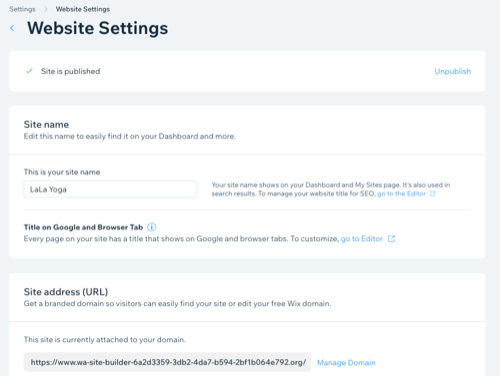 A seção de configurações do site do painel de controle.