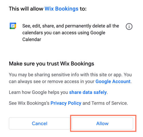 Une capture d'écran montrant comment donner l'autorisation de synchroniser votre agenda Google avec Wix Réservations.