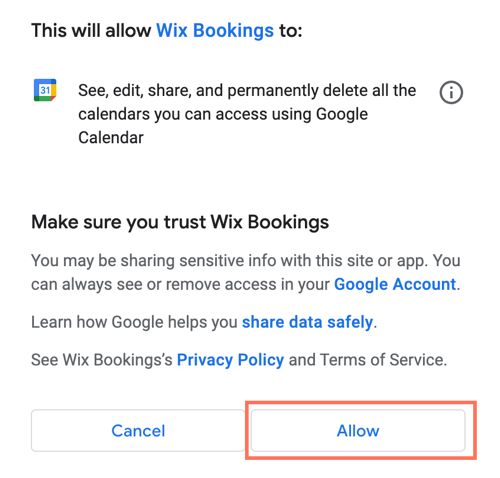 A screenshot showing how to give permission to sync your google calendar with wix bookings.