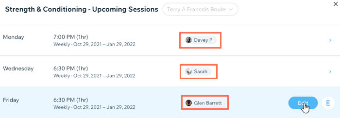 A screenshot showing selecting a recurring session.