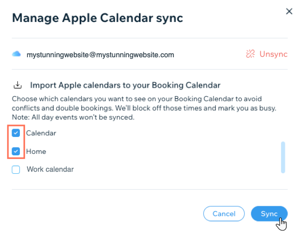 Pop-up pour sélectionner les agendas Apple à importer dans le agenda de réservation