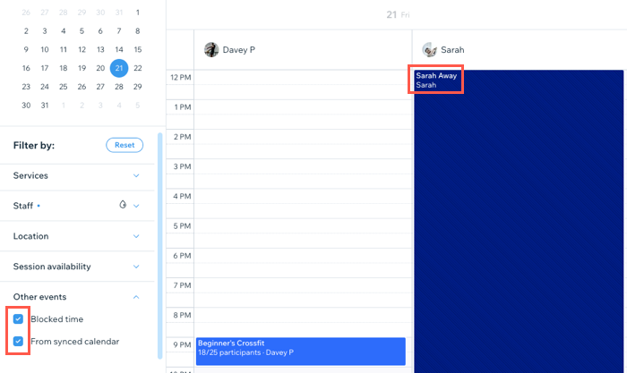 A screenshot showing what blocked time looks like on the booking calendar.