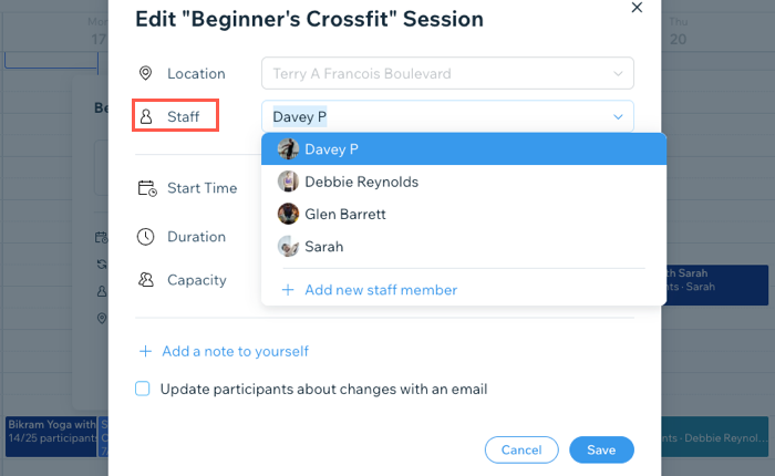 A screenshot showing selecting a different staff member for a session.