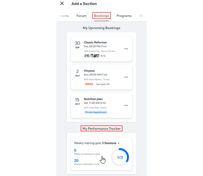 Adding the Performance tracker from the bookings tab of the Wix Owner app