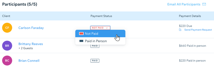 A screenshot of the participants list, marking a client as paid.