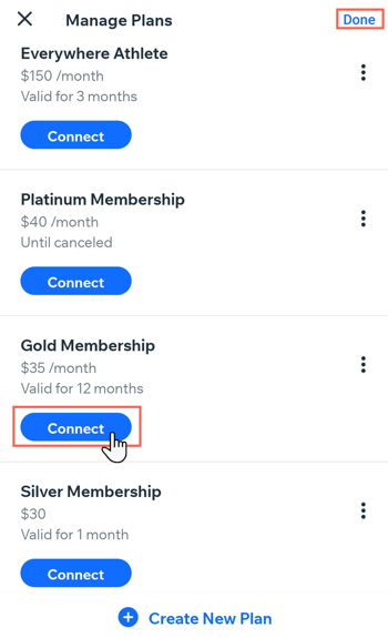 A screenshot showing how to connect a booking service to your pricing plans using the wix owner app.