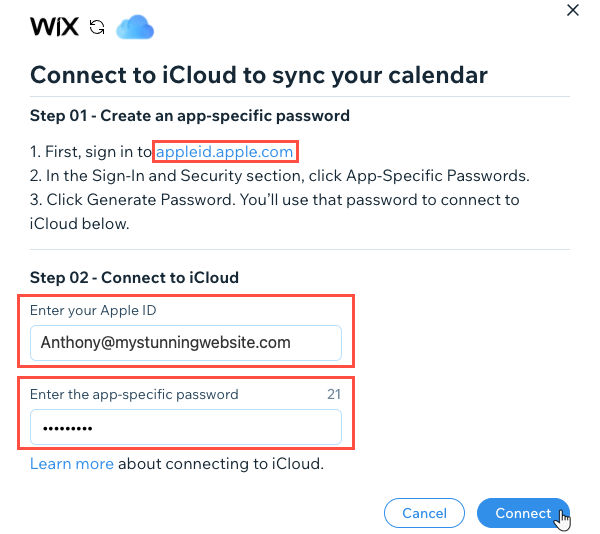 Ventana emergente para crear una contraseña específica de la app e ingresar las credenciales de Apple para conectar Wix Bookings a iCloud