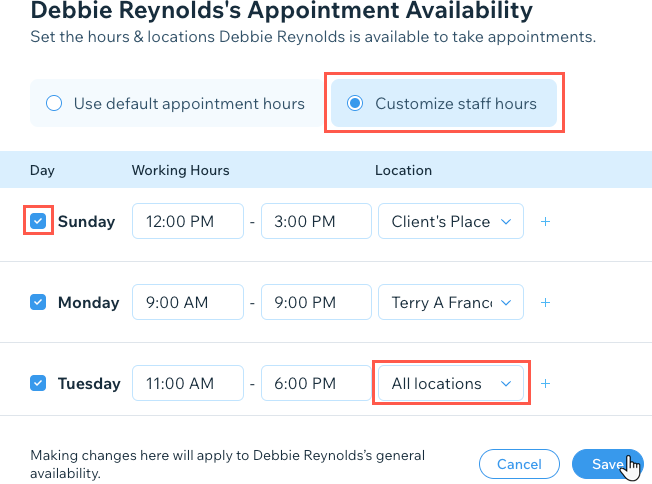 A screenshot showing how to customize a staff member's working hours.