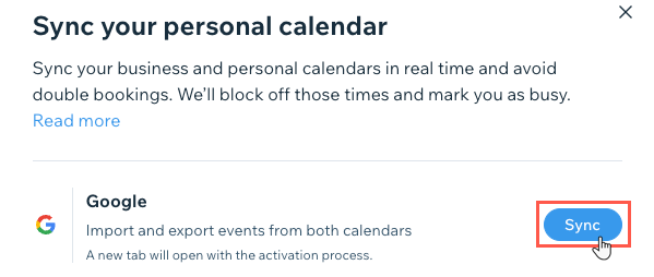 A screenshot showing how to sync Wix Bookings with Google calendar.