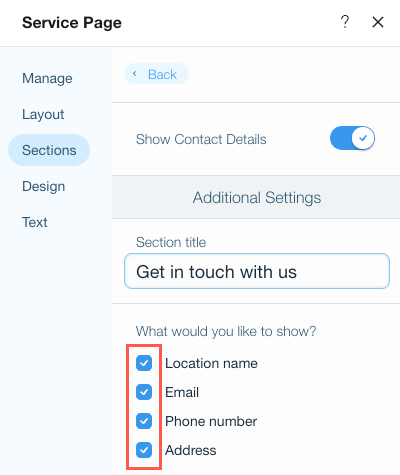 Screenshot showing which details you'd like to display on your contact details.