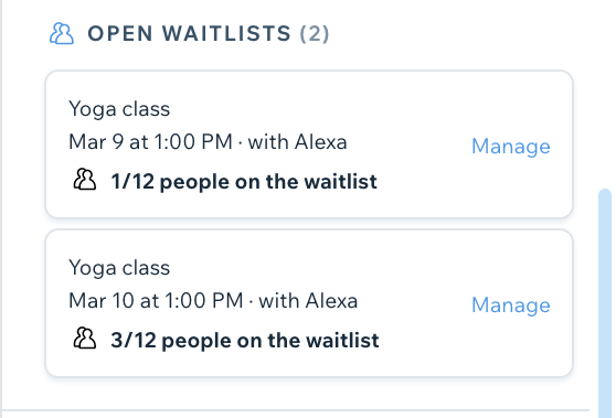 A screenshot showing two waitlists in the booking activity panel.