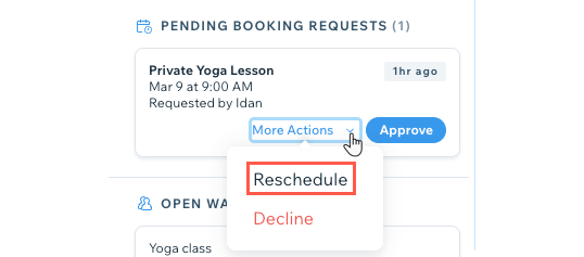 A screenshot showing how to reschedule a pending booking request.