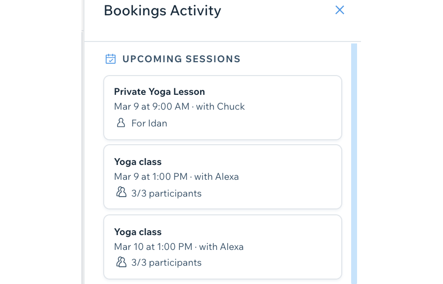 A screenshot showing upcoming sessions in the booking activity panel.