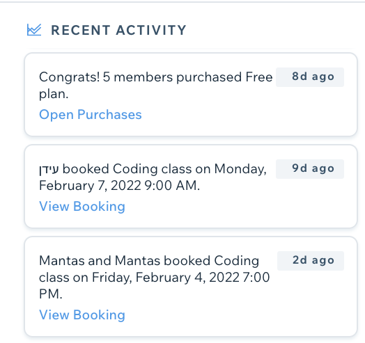 A screenshot showing the recent activity section of the booking activity panel.