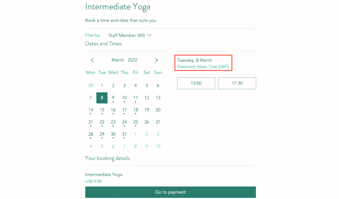 A screenshot showing where clients choose the time zone to be displayed in their booking details.