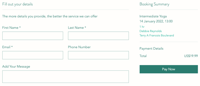 A screenshot showing a booking form with a custom design.