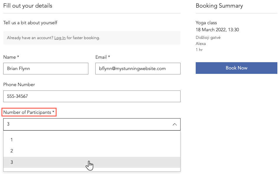 A screenshot showing how clients can make group bookings before checkout.