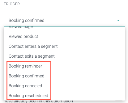 A screenshot showing several Bookings-related workflows available with Omnisend.