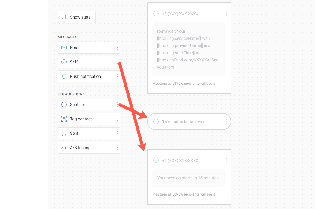 Une capture d'écran montrant comment faire glisser et déposer diverses actions de flux dans votre flux de travail Omnisend.