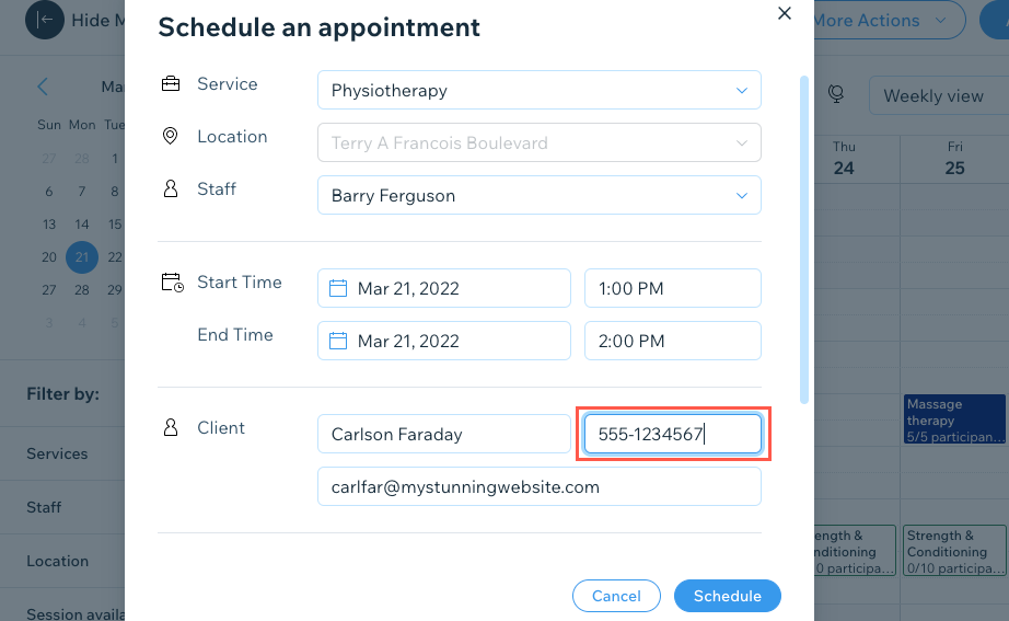 A screenshot showing how to manually add a client's number when making a booking on their behalf.