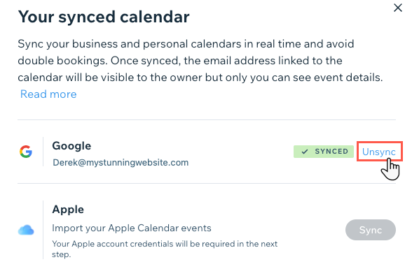 Screenshot che mostra come annullare la sincronizzazione di un calendario personale